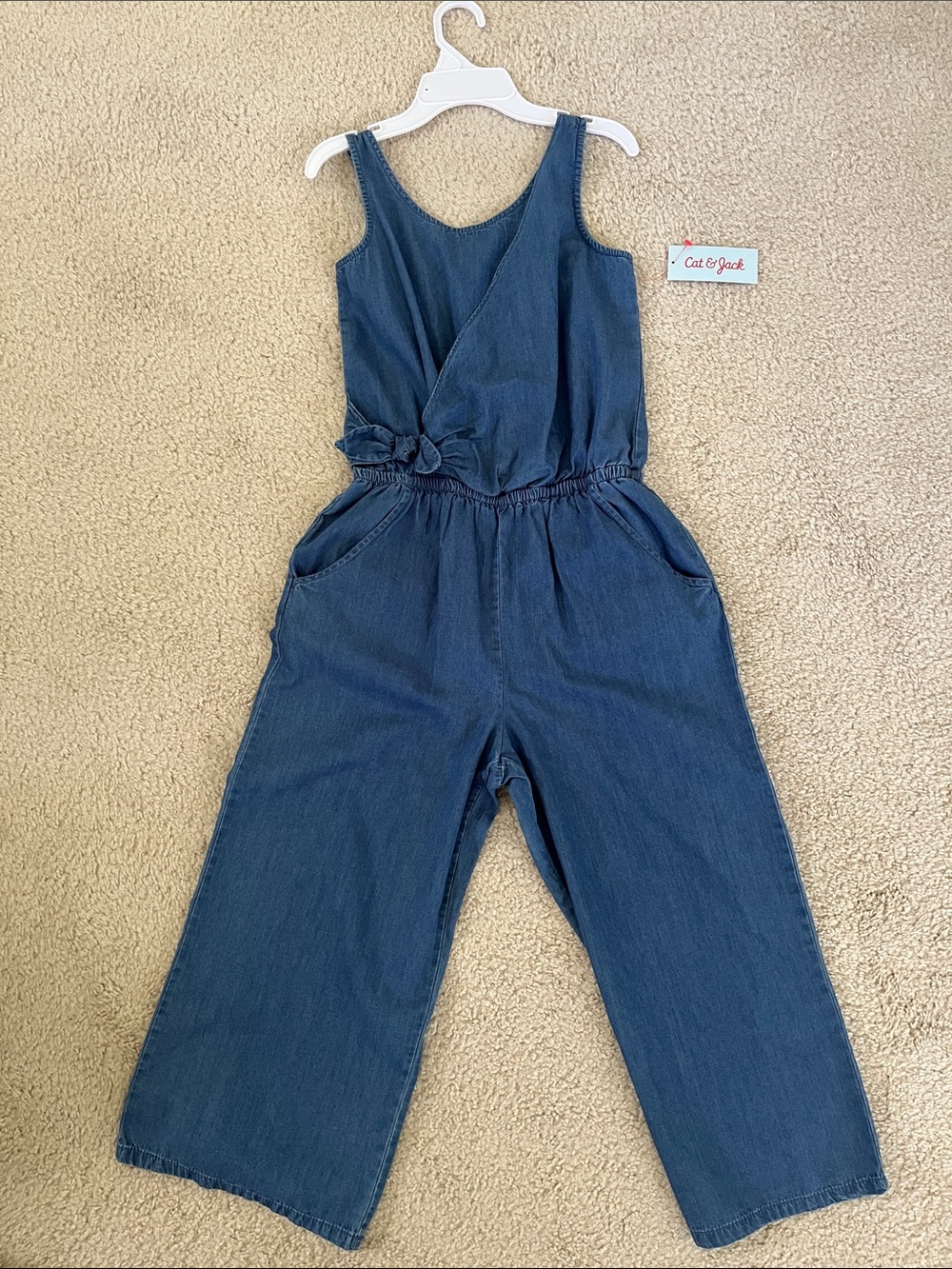 Cat & Jack Denim Blue Tank Jumpsuit with Tie Waist